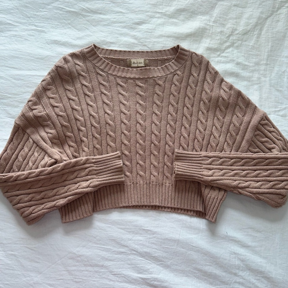 Altar'd State Brown Crew Neck Sweater with Cable Knit